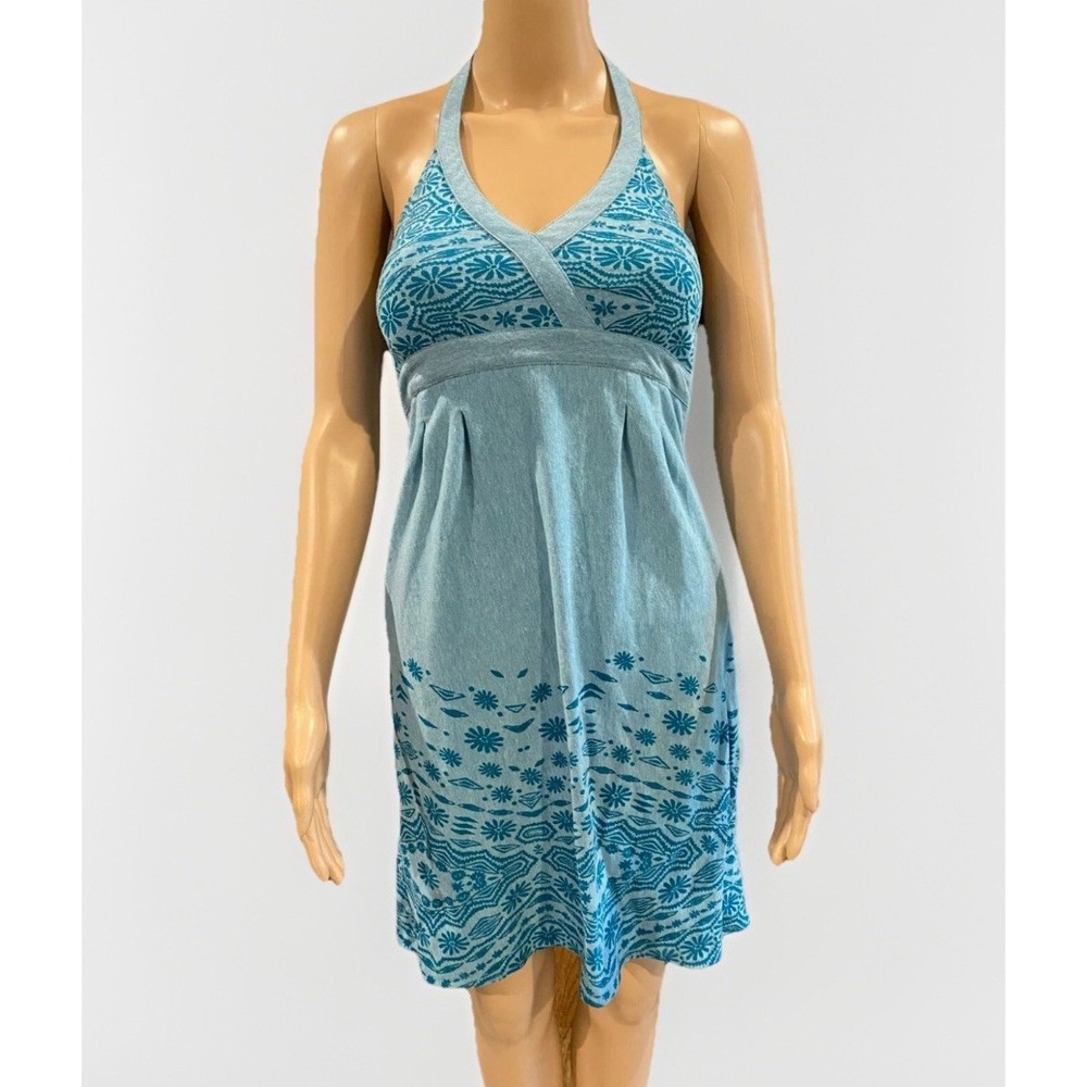 Athleta Women's Size Small Balsa Burnout Blue Tie Halter Dress EUC built in Bra